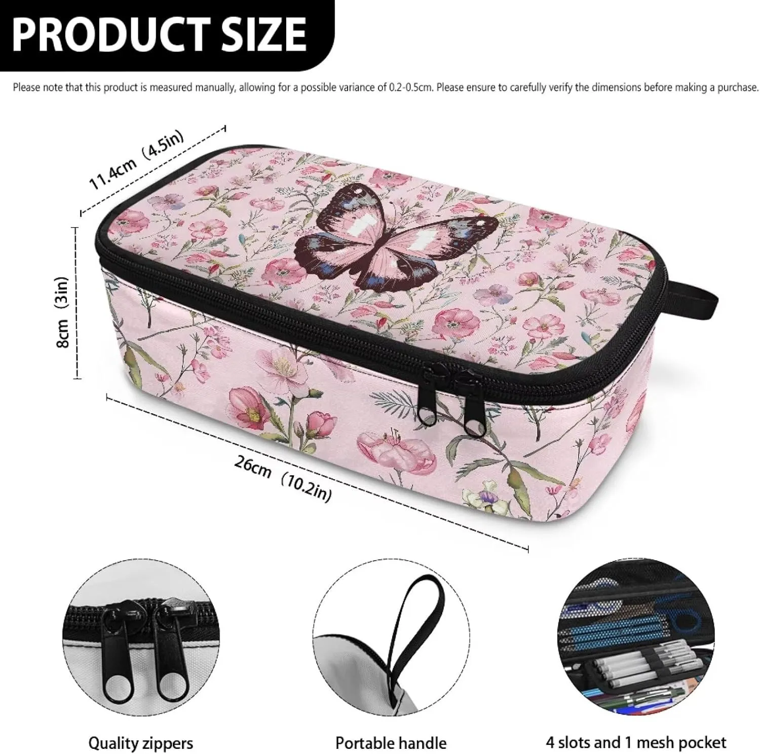 Gomyblomy Pink Floral Butterfly Pencil Case for Girls 4-6 6-8 8-10 Large Capacity Pencil Pouch for Elementary Kindergarten Stationery Pen Holder Storage Bags Travel Make-up Organizer Bags