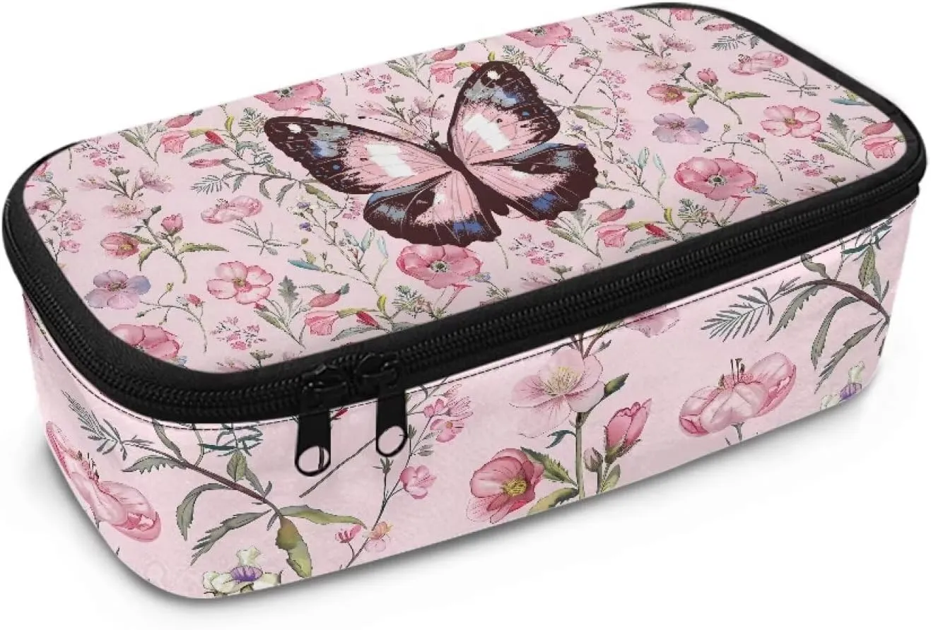 Gomyblomy Pink Floral Butterfly Pencil Case for Girls 4-6 6-8 8-10 Large Capacity Pencil Pouch for Elementary Kindergarten Stationery Pen Holder Storage Bags Travel Make-up Organizer Bags