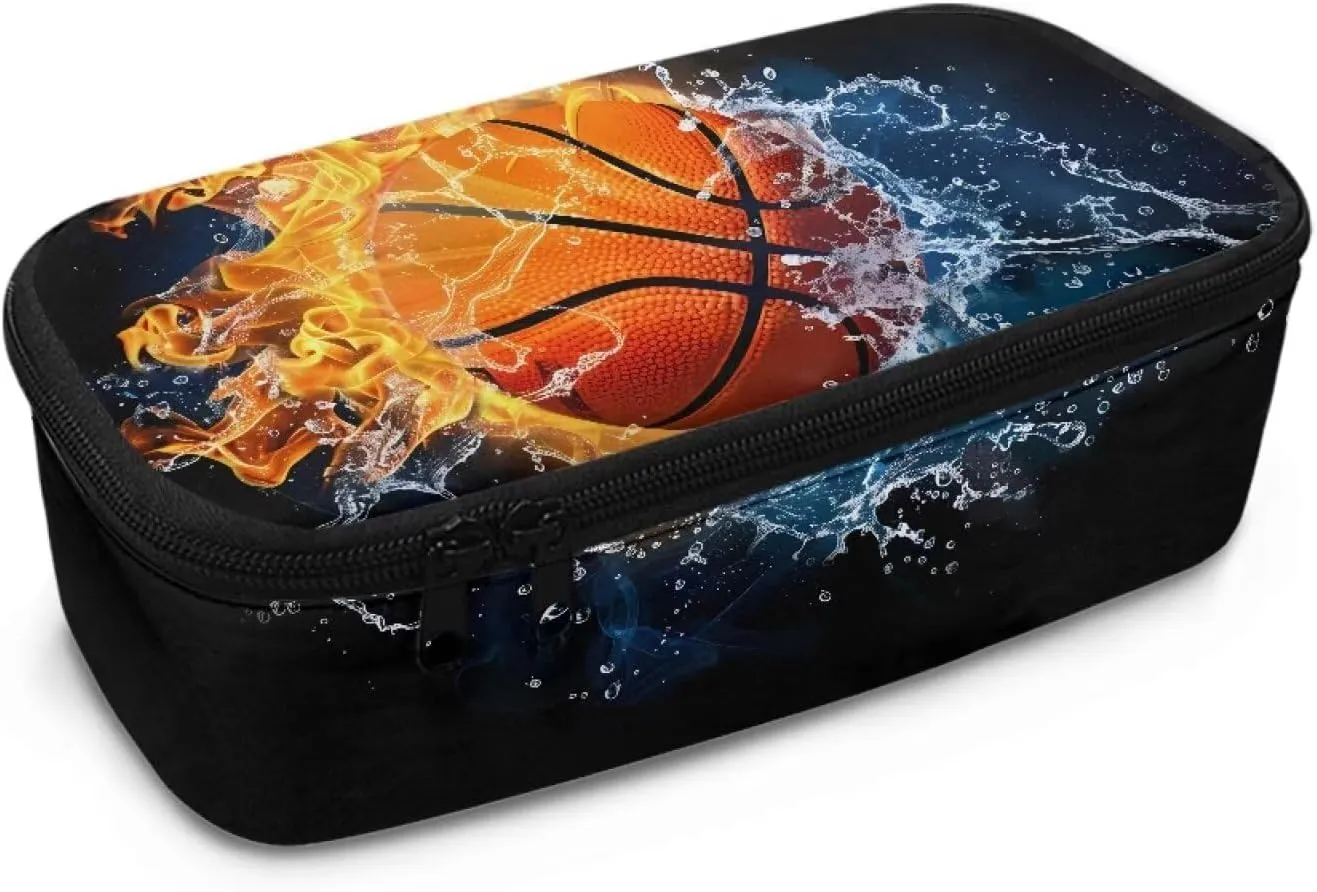 Gomyblomy Water Fire Basketball Pencil Case for Boys Men Large Storage Pen Box Pencil Bag High Capacity Stationery Pouch Desk Organizer for School Office Travel Supplies