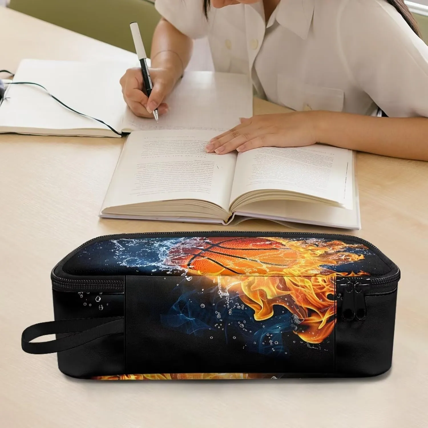Gomyblomy Water Fire Basketball Pencil Case for Boys Men Large Storage Pen Box Pencil Bag High Capacity Stationery Pouch Desk Organizer for School Office Travel Supplies