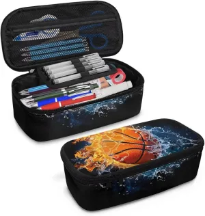 Gomyblomy Water Fire Basketball Pencil Case for Boys Men Large Storage Pen Box Pencil Bag High Capacity Stationery Pouch Desk Organizer for School Office Travel Supplies