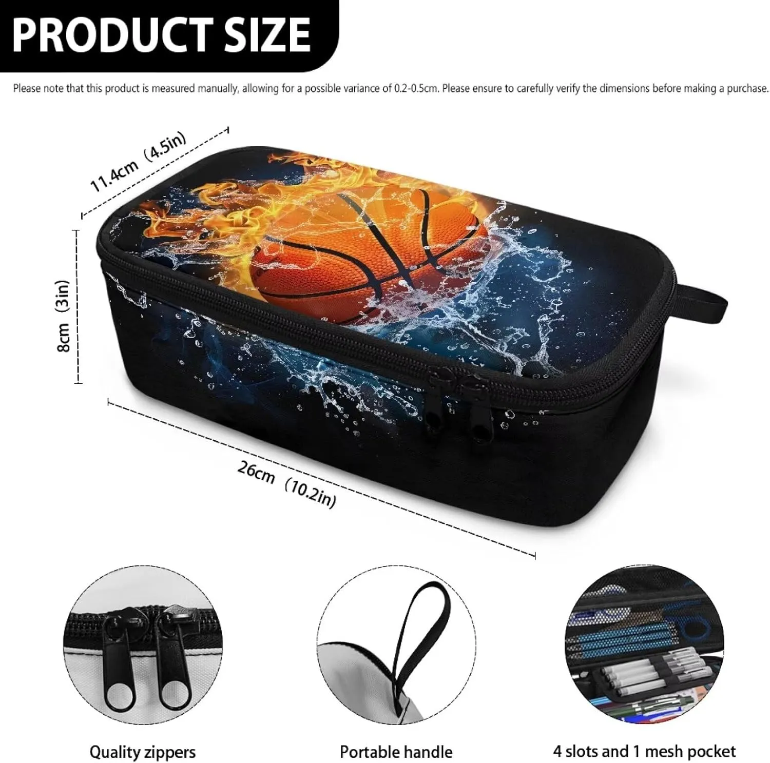 Gomyblomy Water Fire Basketball Pencil Case for Boys Men Large Storage Pen Box Pencil Bag High Capacity Stationery Pouch Desk Organizer for School Office Travel Supplies