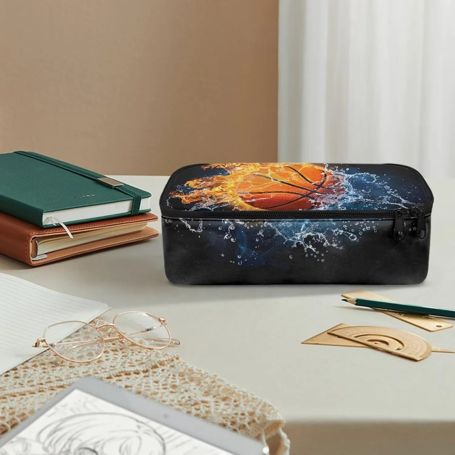 Gomyblomy Water Fire Basketball Pencil Case for Boys Men Large Storage Pen Box Pencil Bag High Capacity Stationery Pouch Desk Organizer for School Office Travel Supplies