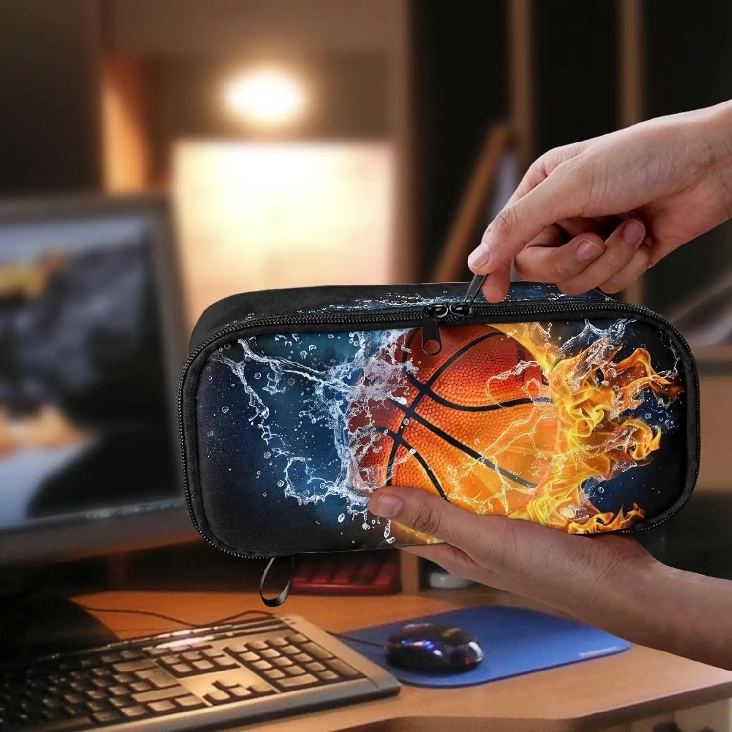 Gomyblomy Water Fire Basketball Pencil Case for Boys Men Large Storage Pen Box Pencil Bag High Capacity Stationery Pouch Desk Organizer for School Office Travel Supplies