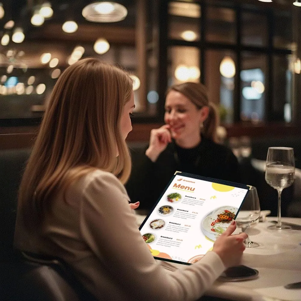Goodsmart Restaurant Menu Covers – 25 Pack Black 2-View, Top-Loading Menu Holders, Vinyl & Plastic Café Menu Covers, Clear Menu Sleeves, Fits 8.5" x 14", Leather-Style Design, Gold Corners