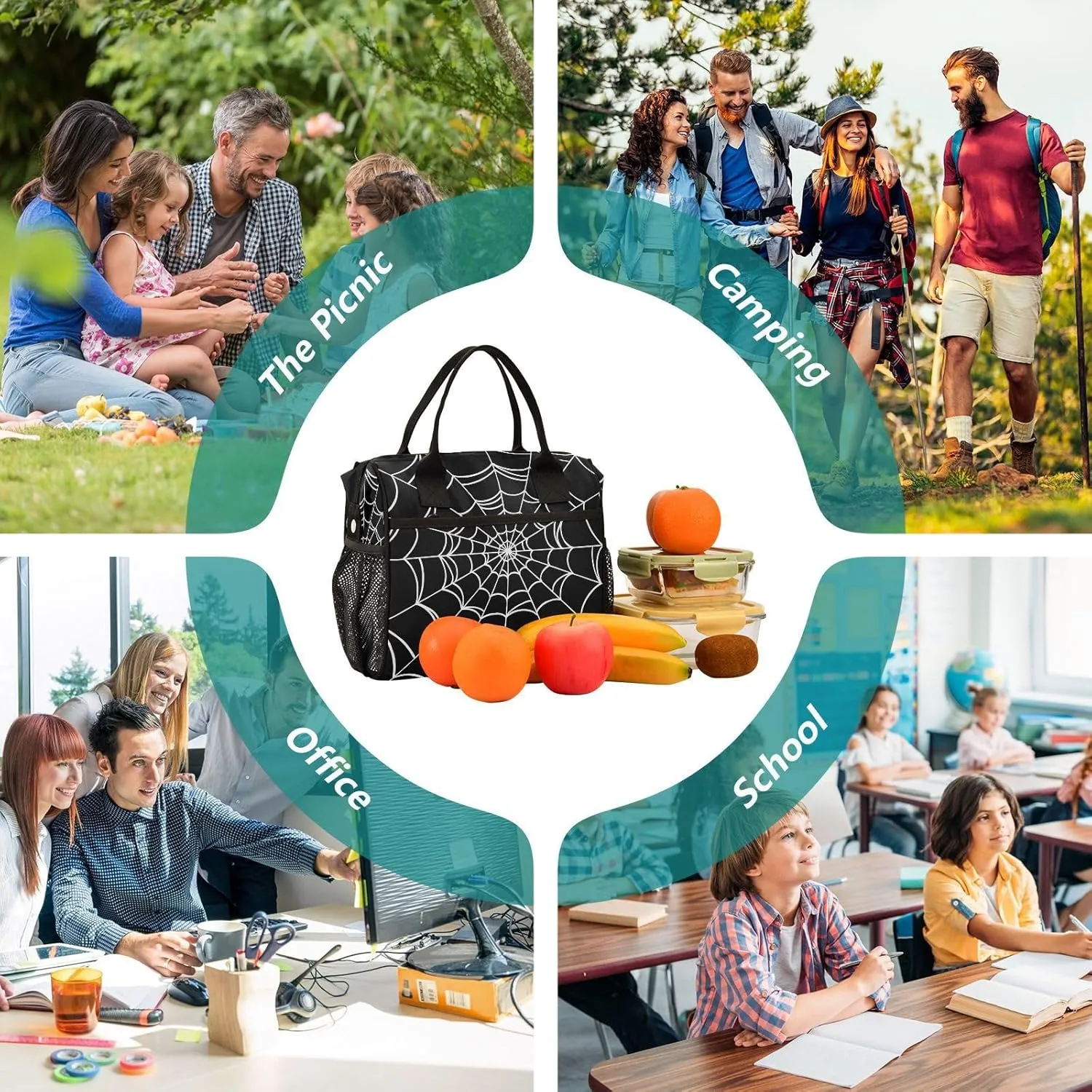 Goth Spider Web Lunch Bag & Lunch Box for Women with Adjustable Shoulder Belt Insulated Portable Lunch Tote Bag Cooler Bag for Girls Travel Office Picnic