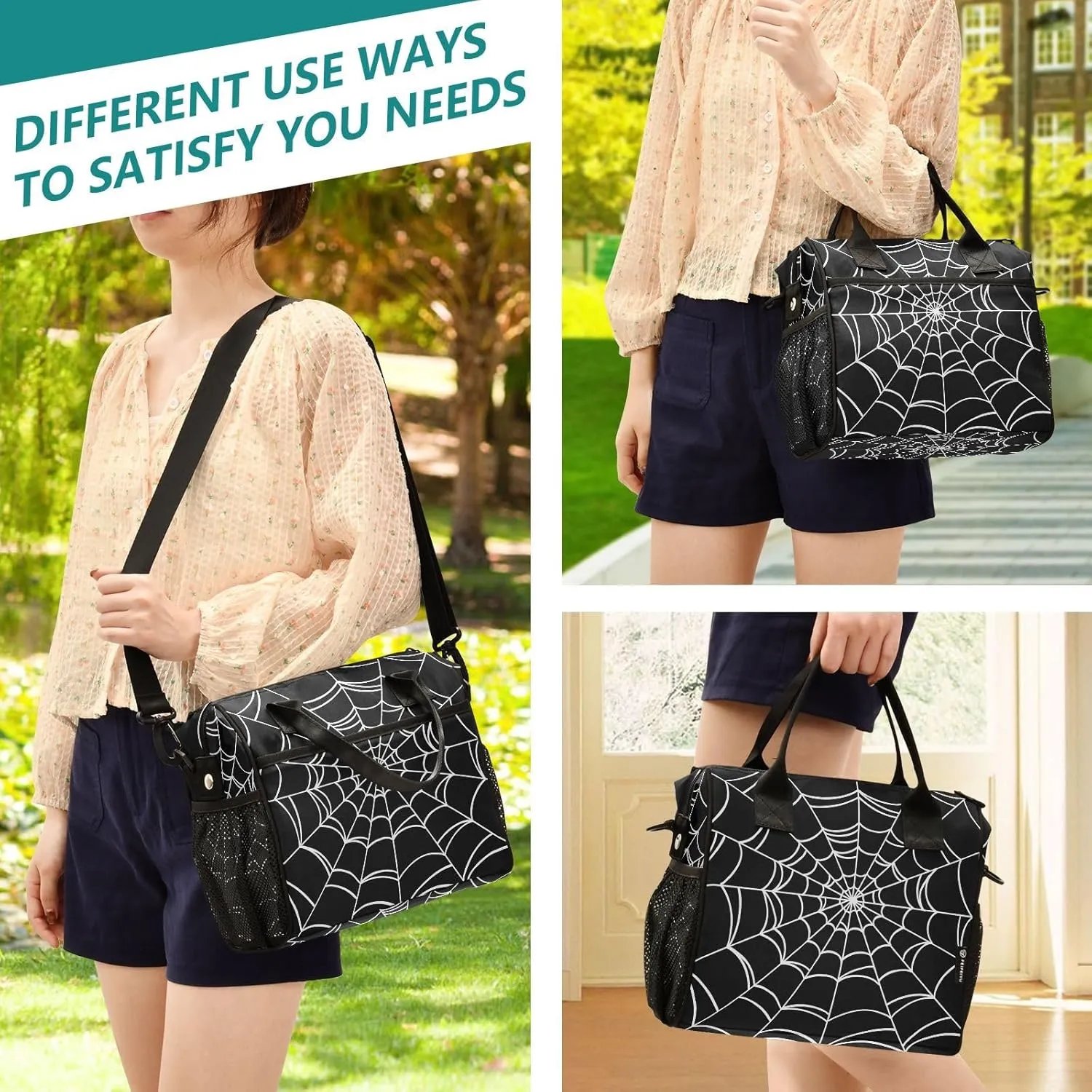 Goth Spider Web Lunch Bag & Lunch Box for Women with Adjustable Shoulder Belt Insulated Portable Lunch Tote Bag Cooler Bag for Girls Travel Office Picnic