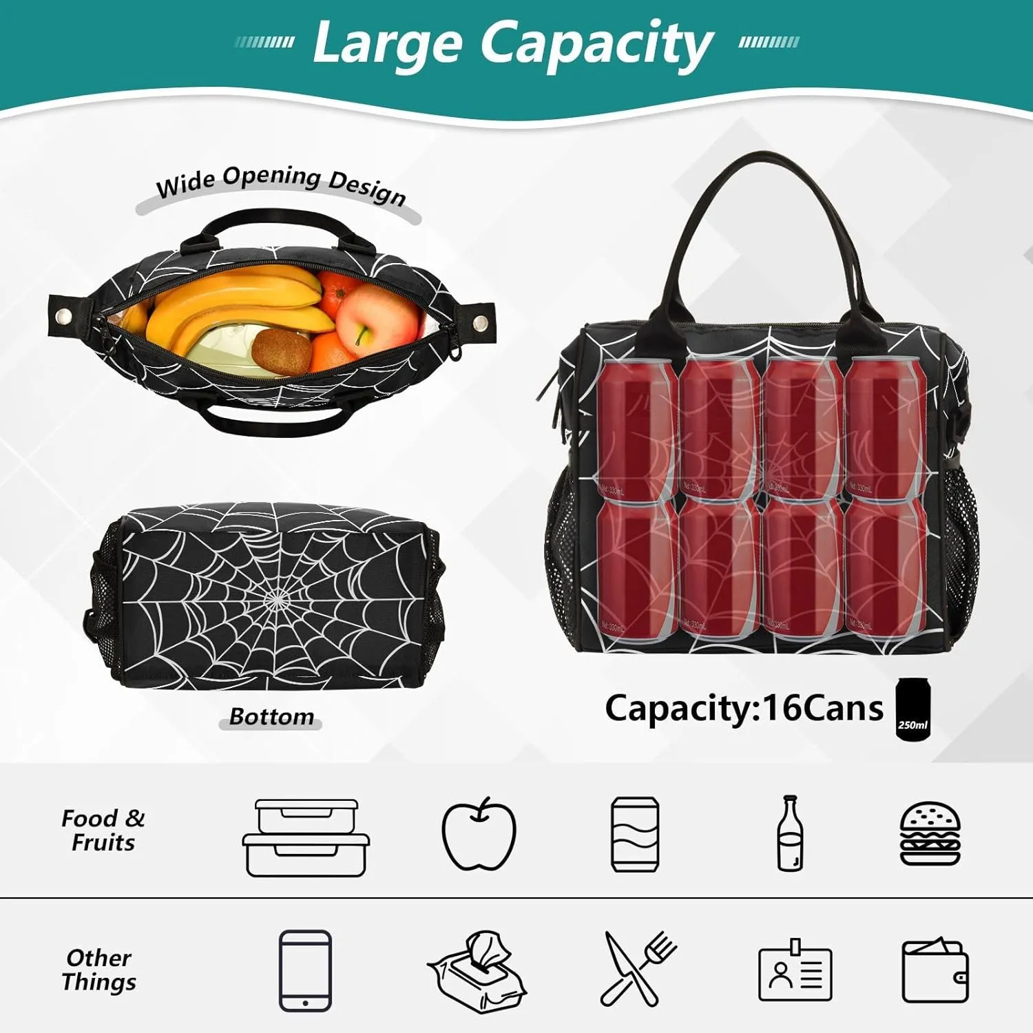Goth Spider Web Lunch Bag & Lunch Box for Women with Adjustable Shoulder Belt Insulated Portable Lunch Tote Bag Cooler Bag for Girls Travel Office Picnic