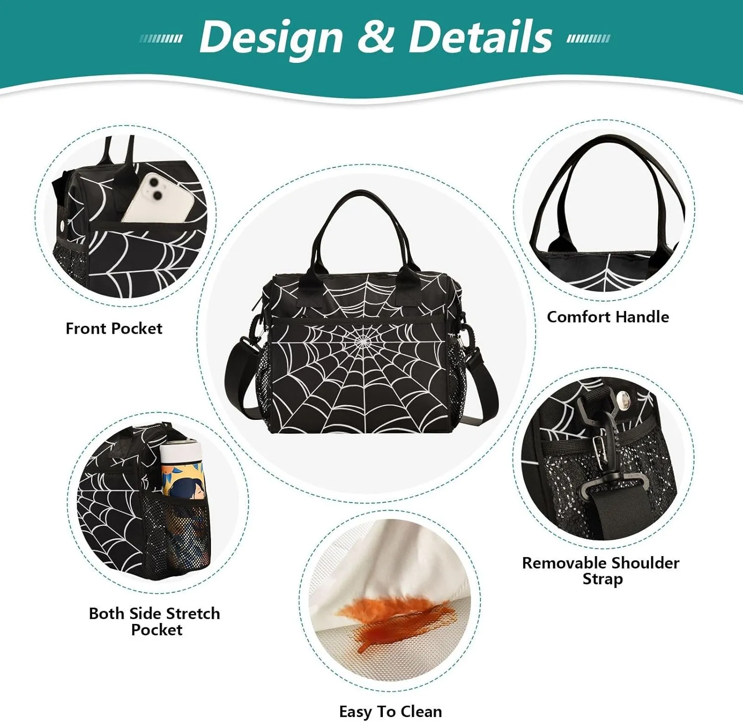 Goth Spider Web Lunch Bag & Lunch Box for Women with Adjustable Shoulder Belt Insulated Portable Lunch Tote Bag Cooler Bag for Girls Travel Office Picnic