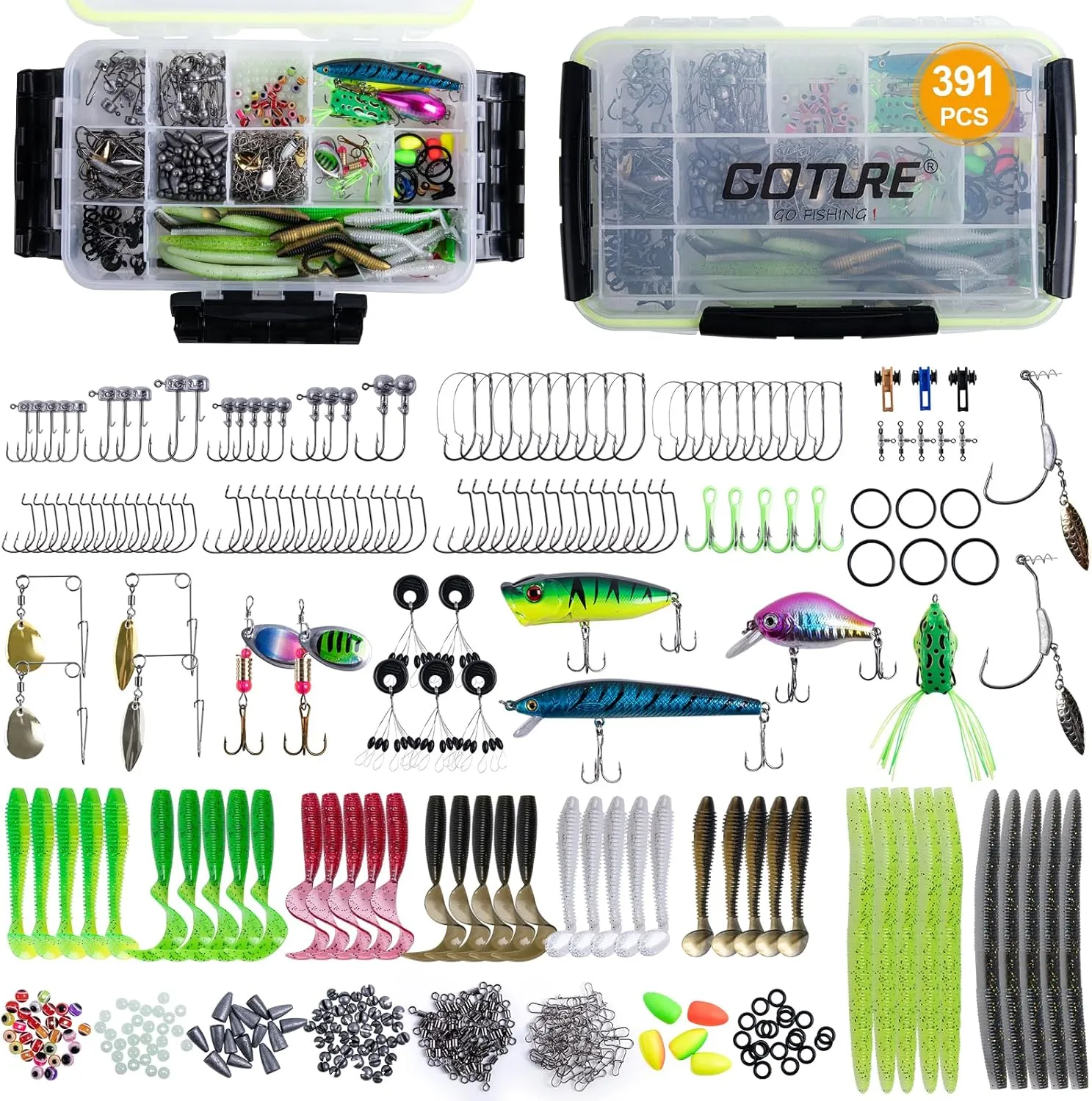 Goture 391 Pcs Fishing Lures Accessories Kit with Tackle Box - Fishing Accessories Kit with Hooks, Minnow, Crankbait, Frog Popper, Lure, Worm, Spoon, Spinner Bait, Fishing Gifts for Men