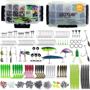 Goture 391 Pcs Fishing Lures Accessories Kit with Tackle Box - Fishing Accessories Kit with Hooks, Minnow, Crankbait, Frog Popper, Lure, Worm, Spoon, Spinner Bait, Fishing Gifts for Men