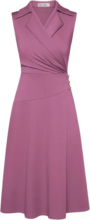 GRACE KARIN 2025 Women's Notch Lapel Ruched Wrap V Neck Business Work Dress Sleeveless A Line Midi Dress