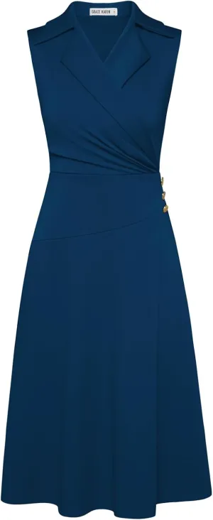GRACE KARIN 2025 Women's Notch Lapel Ruched Wrap V Neck Business Work Dress Sleeveless A Line Midi Dress