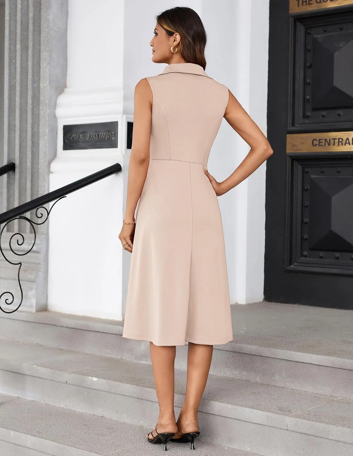 GRACE KARIN 2025 Women's Notch Lapel Ruched Wrap V Neck Business Work Dress Sleeveless A Line Midi Dress