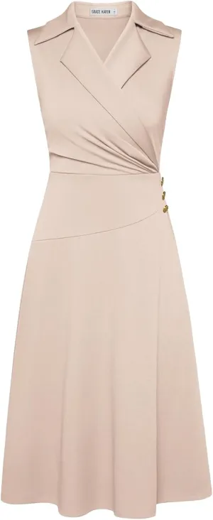 GRACE KARIN 2025 Women's Notch Lapel Ruched Wrap V Neck Business Work Dress Sleeveless A Line Midi Dress