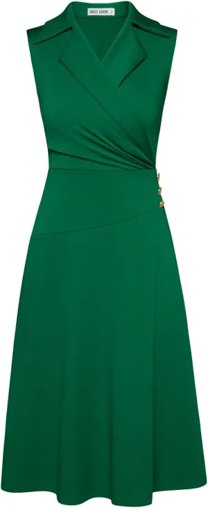 GRACE KARIN 2025 Women's Notch Lapel Ruched Wrap V Neck Business Work Dress Sleeveless A Line Midi Dress