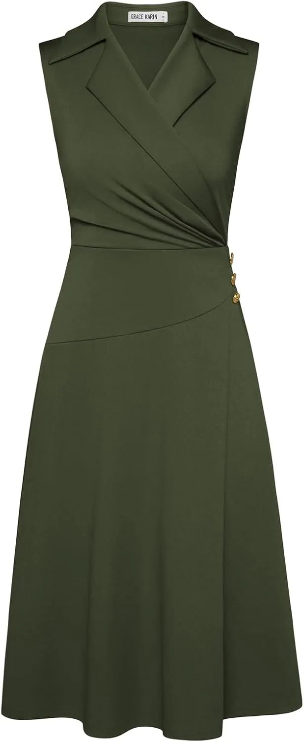 GRACE KARIN 2025 Women's Notch Lapel Ruched Wrap V Neck Business Work Dress Sleeveless A Line Midi Dress