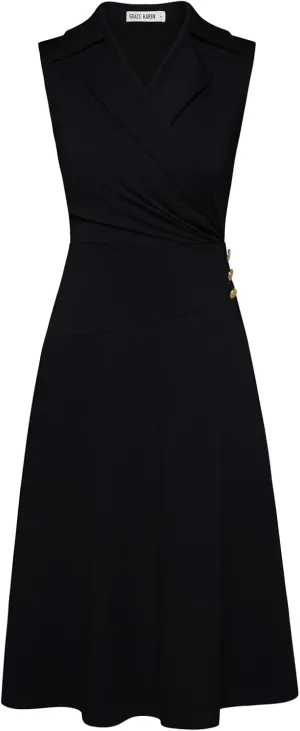 GRACE KARIN 2025 Women's Notch Lapel Ruched Wrap V Neck Business Work Dress Sleeveless A Line Midi Dress