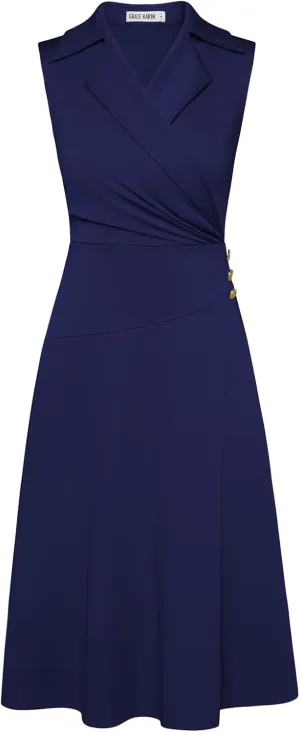 GRACE KARIN 2025 Women's Notch Lapel Ruched Wrap V Neck Business Work Dress Sleeveless A Line Midi Dress