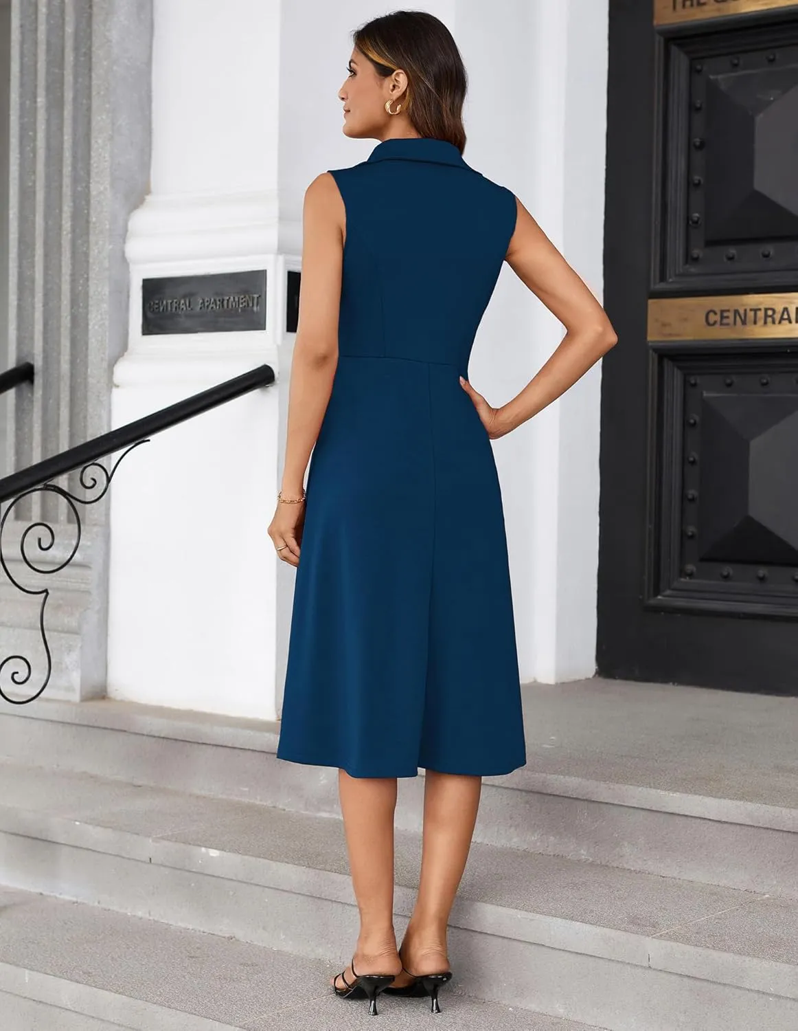 GRACE KARIN 2025 Women's Notch Lapel Ruched Wrap V Neck Business Work Dress Sleeveless A Line Midi Dress