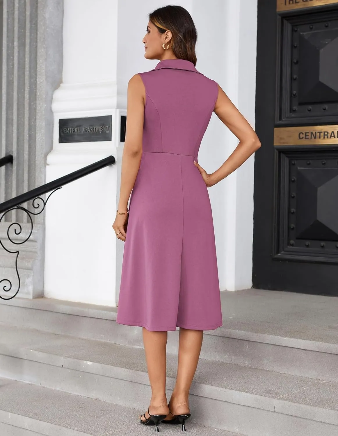 GRACE KARIN 2025 Women's Notch Lapel Ruched Wrap V Neck Business Work Dress Sleeveless A Line Midi Dress