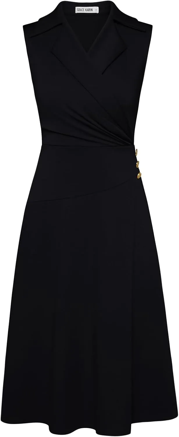 GRACE KARIN 2025 Women's Notch Lapel Ruched Wrap V Neck Business Work Dress Sleeveless A Line Midi Dress
