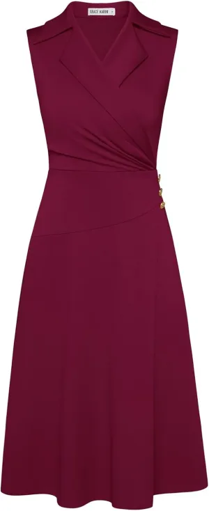 GRACE KARIN 2025 Women's Notch Lapel Ruched Wrap V Neck Business Work Dress Sleeveless A Line Midi Dress