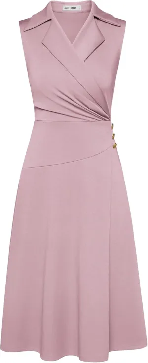 GRACE KARIN 2025 Women's Notch Lapel Ruched Wrap V Neck Business Work Dress Sleeveless A Line Midi Dress