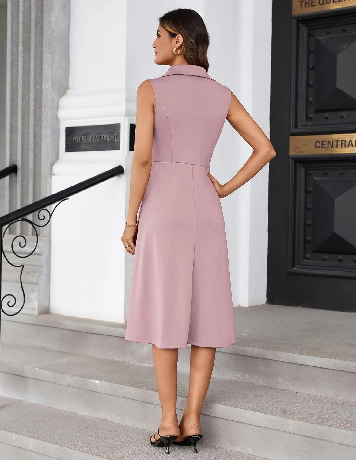 GRACE KARIN 2025 Women's Notch Lapel Ruched Wrap V Neck Business Work Dress Sleeveless A Line Midi Dress