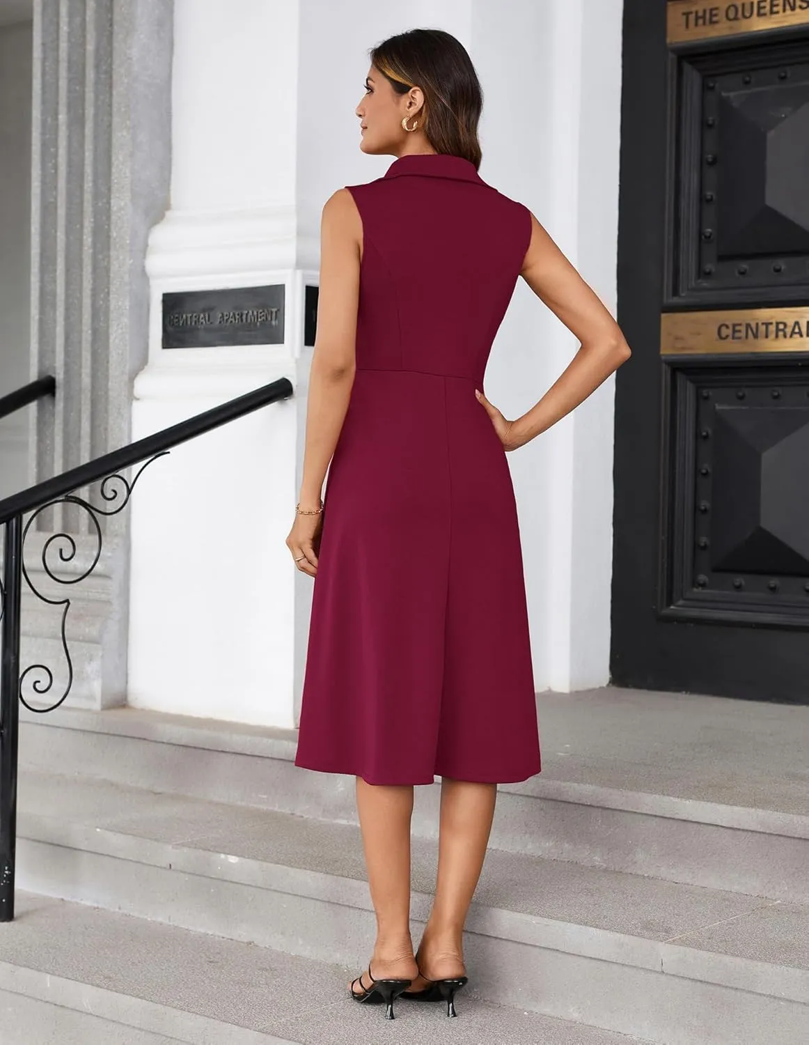 GRACE KARIN 2025 Women's Notch Lapel Ruched Wrap V Neck Business Work Dress Sleeveless A Line Midi Dress