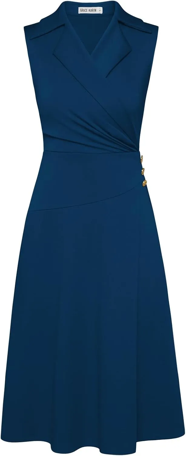 GRACE KARIN 2025 Women's Notch Lapel Ruched Wrap V Neck Business Work Dress Sleeveless A Line Midi Dress