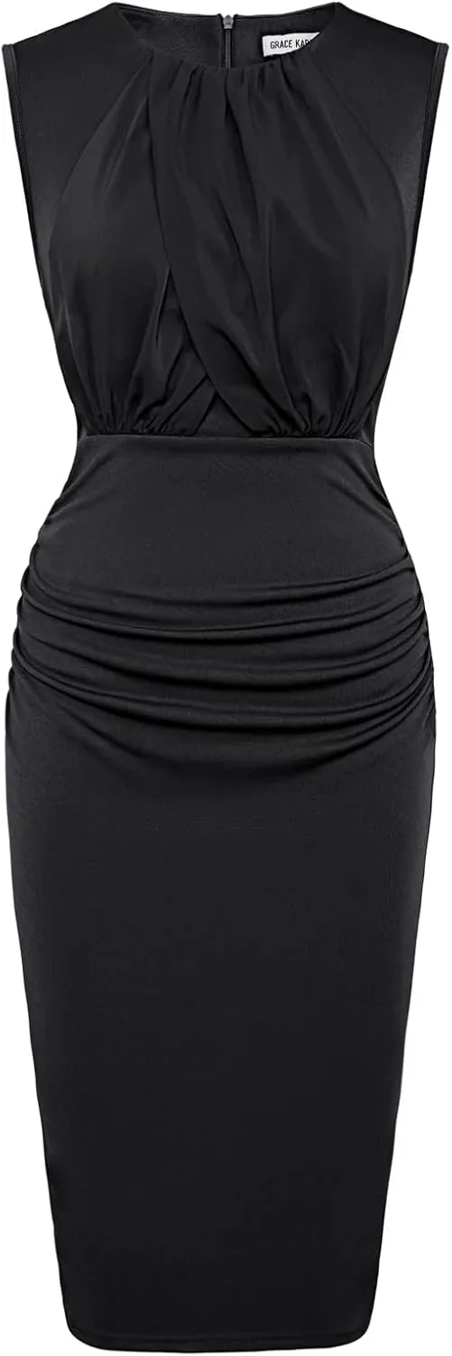 GRACE KARIN Women's Ruched Bodycon Dress Summer Sleeveless Front Drape Patchwork Crew Neck Midi Cocktail Dress