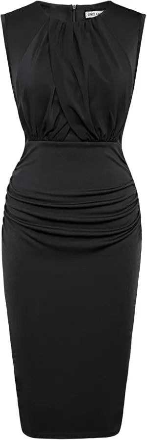 GRACE KARIN Women's Ruched Bodycon Dress Summer Sleeveless Front Drape Patchwork Crew Neck Midi Cocktail Dress