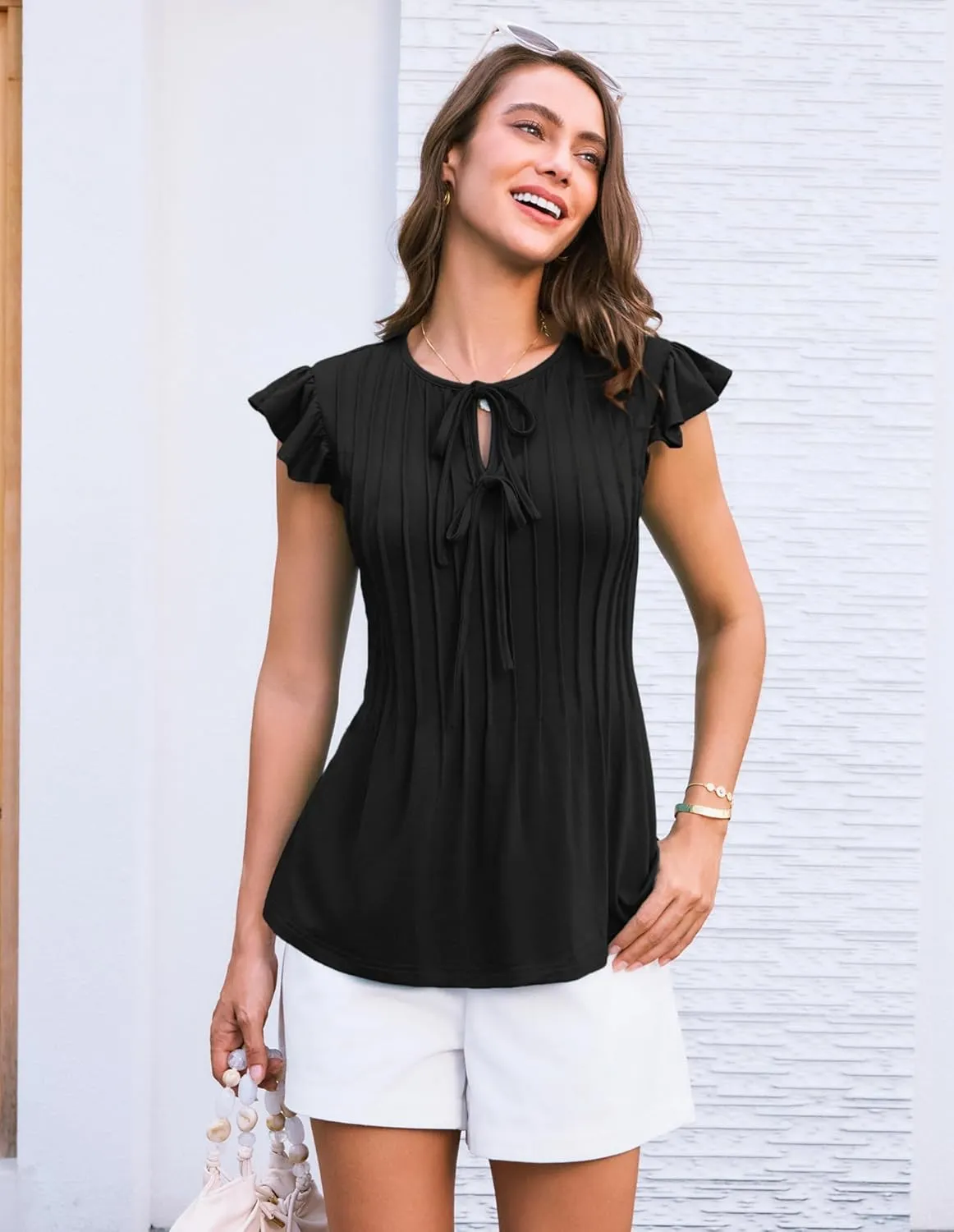 GRACE KARIN Women's Ruffle Cap Sleeve Tunics Summer Tie Front Dressy Casual Blouse Elegant Work Tops for Women 2025