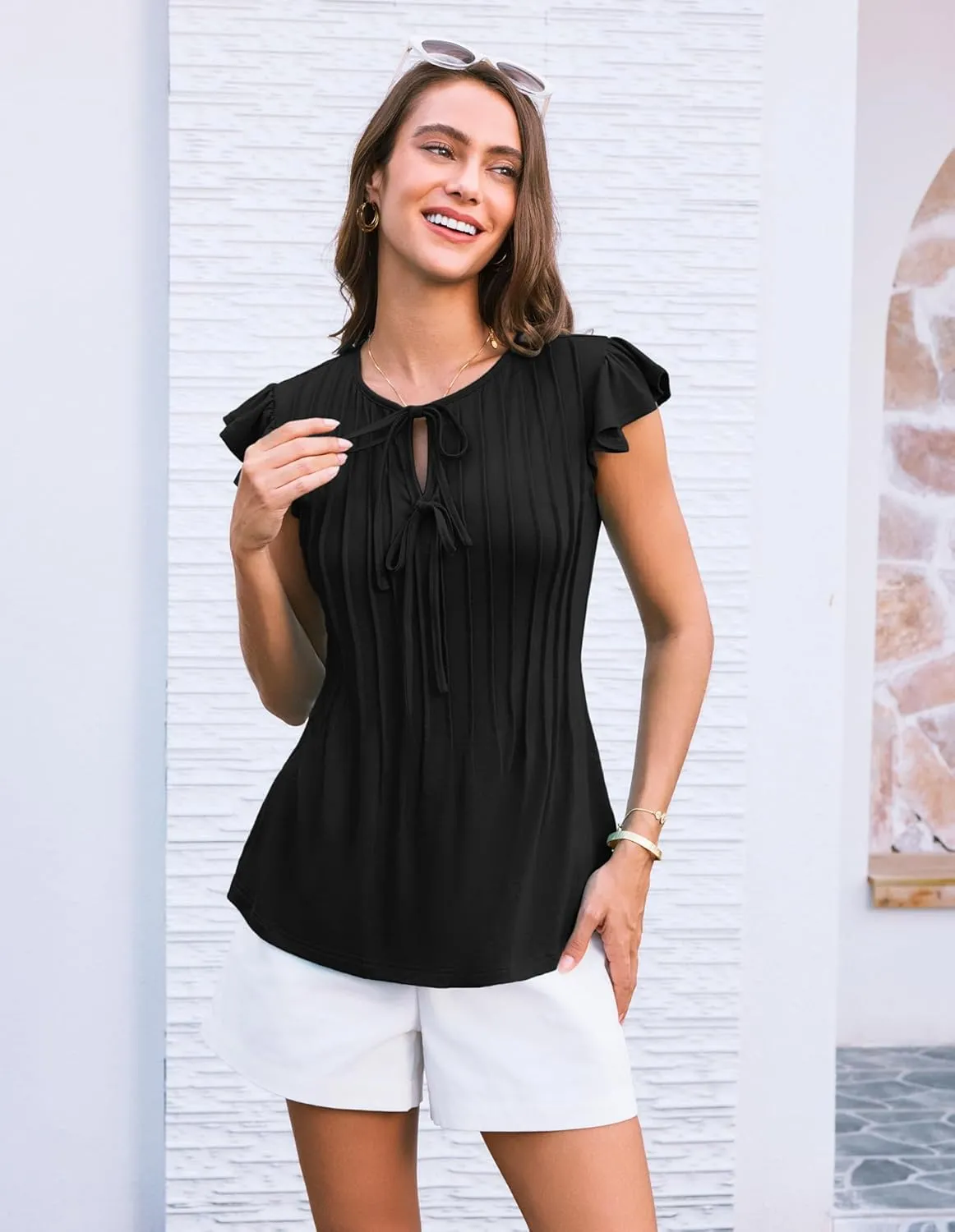 GRACE KARIN Women's Ruffle Cap Sleeve Tunics Summer Tie Front Dressy Casual Blouse Elegant Work Tops for Women 2025