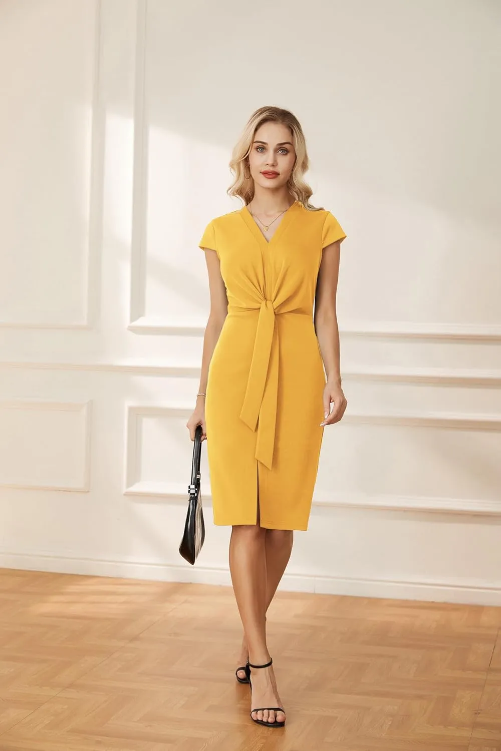 GRACE KARIN Women's Summer Midi Dresses Cap Sleeve Tie Waist Work Dress Slit V-Neck Bodycon Dress Business Casual Outfits