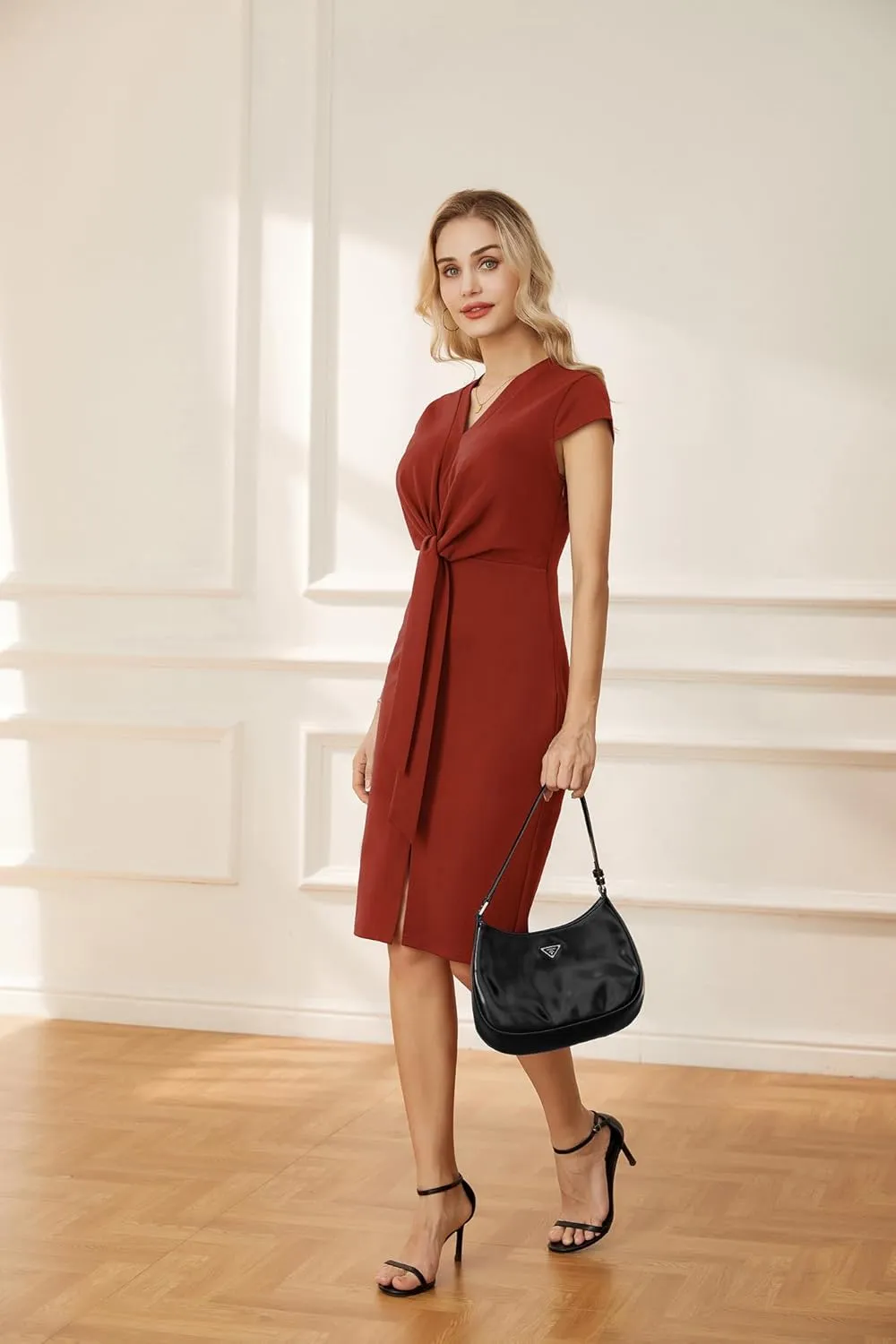 GRACE KARIN Women's Summer Midi Dresses Cap Sleeve Tie Waist Work Dress Slit V-Neck Bodycon Dress Business Casual Outfits