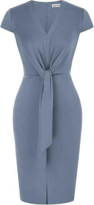 GRACE KARIN Women's Summer Midi Dresses Cap Sleeve Tie Waist Work Dress Slit V-Neck Bodycon Dress Business Casual Outfits