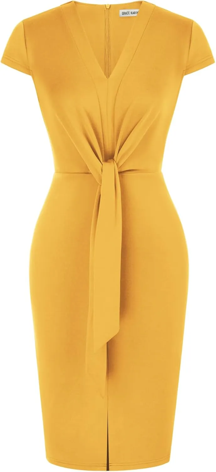GRACE KARIN Women's Summer Midi Dresses Cap Sleeve Tie Waist Work Dress Slit V-Neck Bodycon Dress Business Casual Outfits