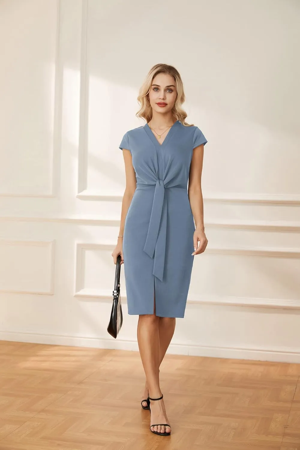 GRACE KARIN Women's Summer Midi Dresses Cap Sleeve Tie Waist Work Dress Slit V-Neck Bodycon Dress Business Casual Outfits