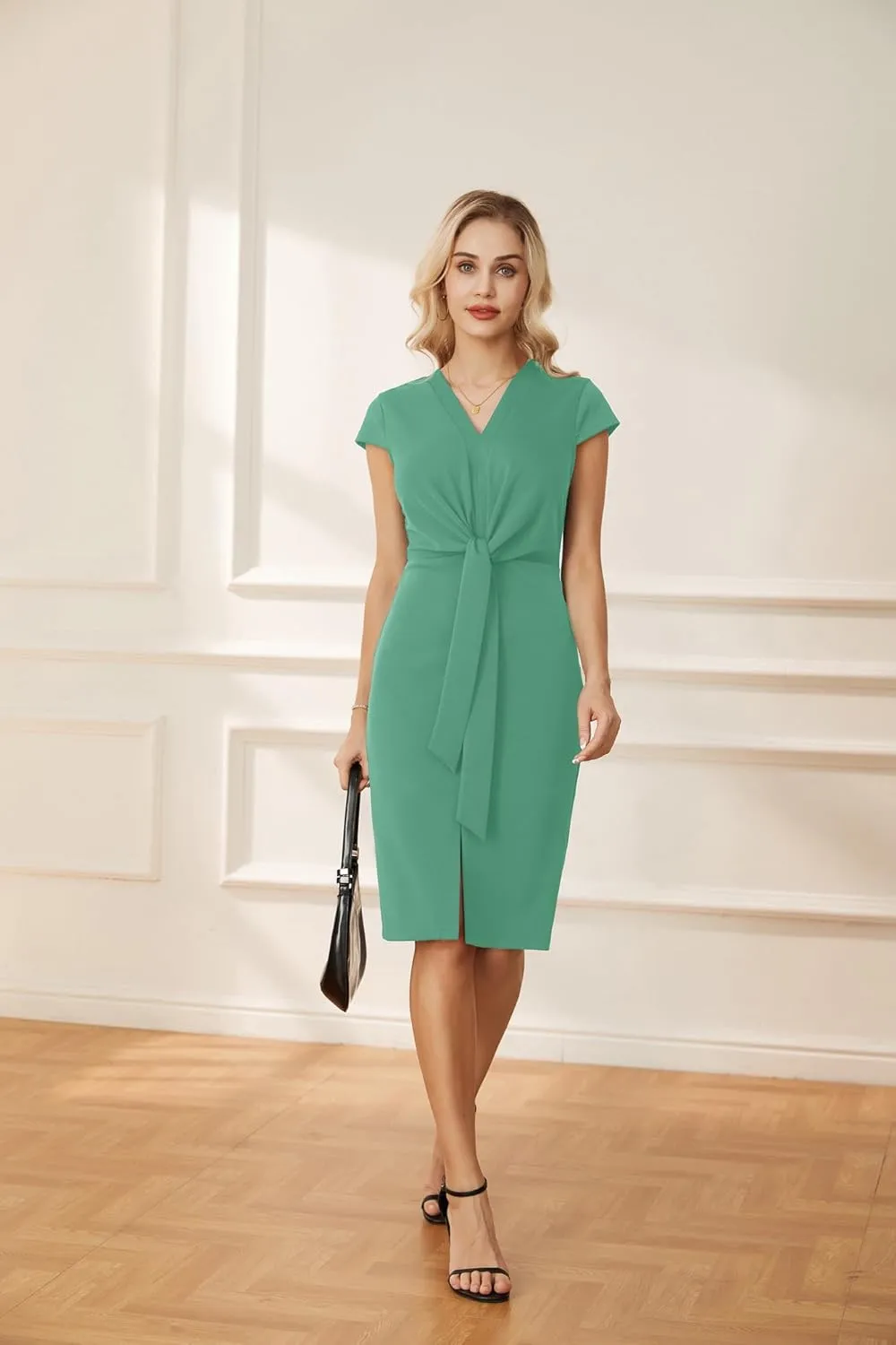 GRACE KARIN Women's Summer Midi Dresses Cap Sleeve Tie Waist Work Dress Slit V-Neck Bodycon Dress Business Casual Outfits