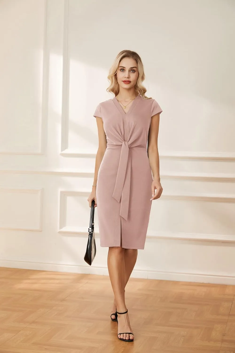 GRACE KARIN Women's Summer Midi Dresses Cap Sleeve Tie Waist Work Dress Slit V-Neck Bodycon Dress Business Casual Outfits