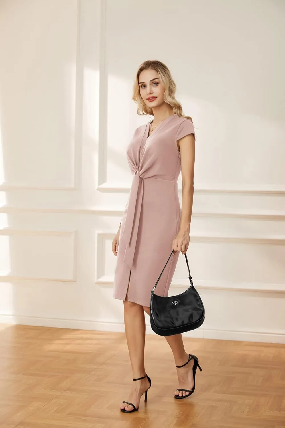 GRACE KARIN Women's Summer Midi Dresses Cap Sleeve Tie Waist Work Dress Slit V-Neck Bodycon Dress Business Casual Outfits