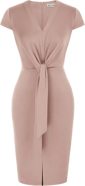 GRACE KARIN Women's Summer Midi Dresses Cap Sleeve Tie Waist Work Dress Slit V-Neck Bodycon Dress Business Casual Outfits