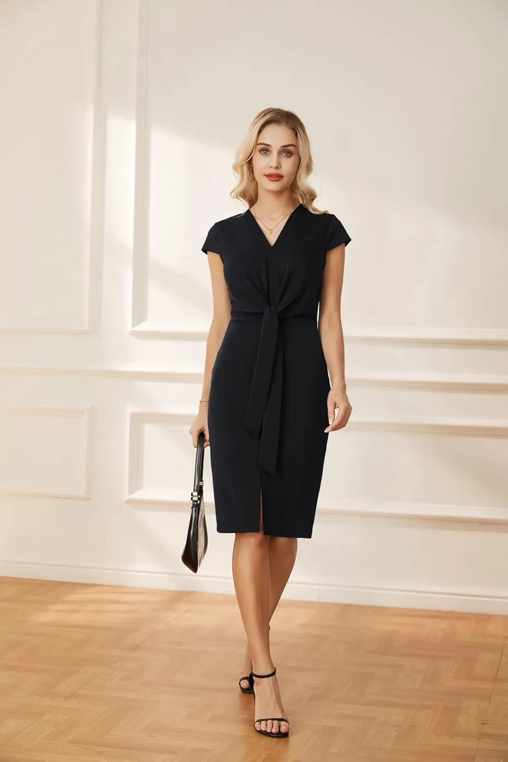 GRACE KARIN Women's Summer Midi Dresses Cap Sleeve Tie Waist Work Dress Slit V-Neck Bodycon Dress Business Casual Outfits