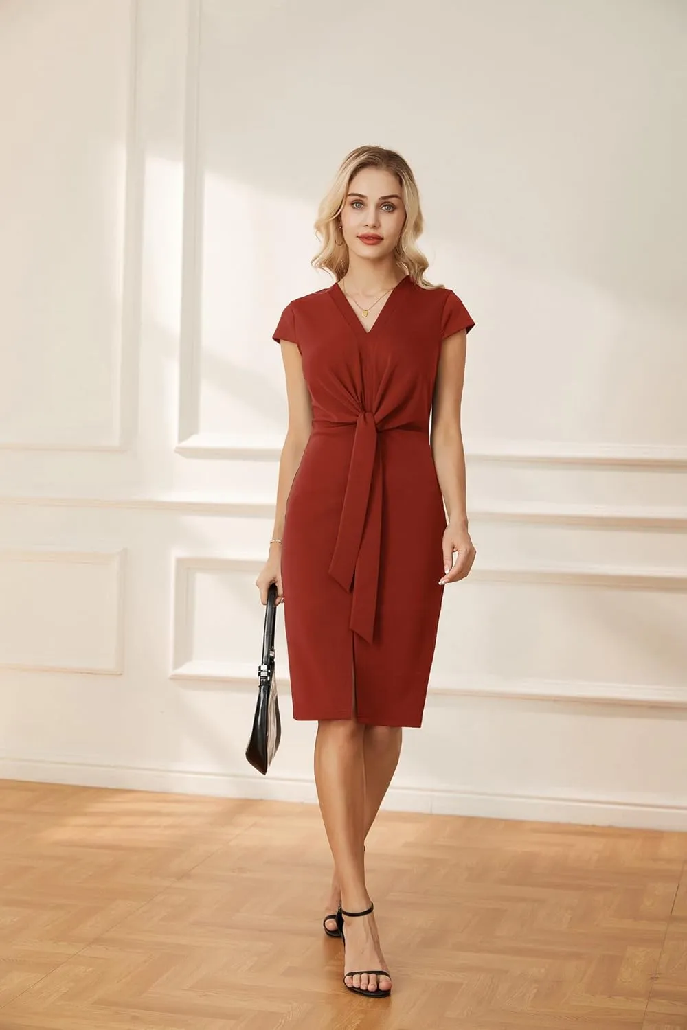 GRACE KARIN Women's Summer Midi Dresses Cap Sleeve Tie Waist Work Dress Slit V-Neck Bodycon Dress Business Casual Outfits