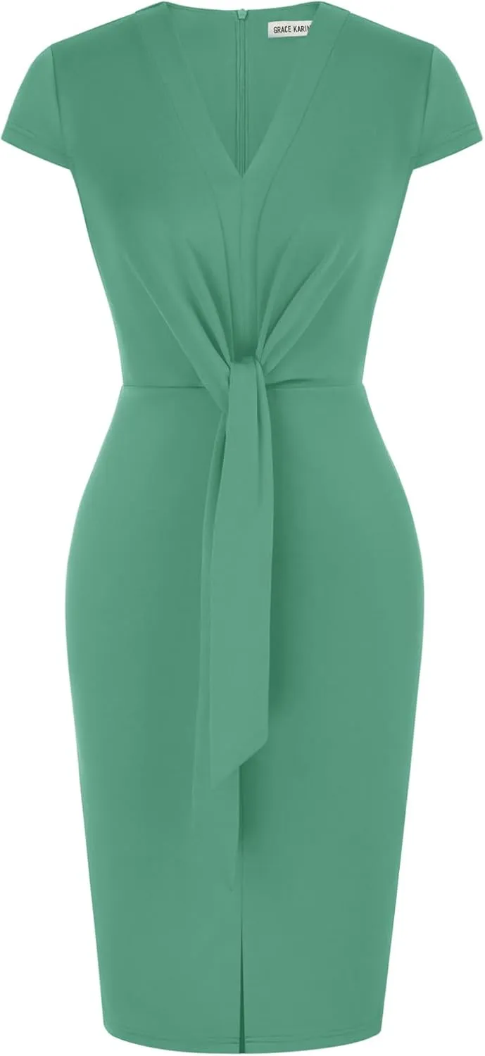 GRACE KARIN Women's Summer Midi Dresses Cap Sleeve Tie Waist Work Dress Slit V-Neck Bodycon Dress Business Casual Outfits