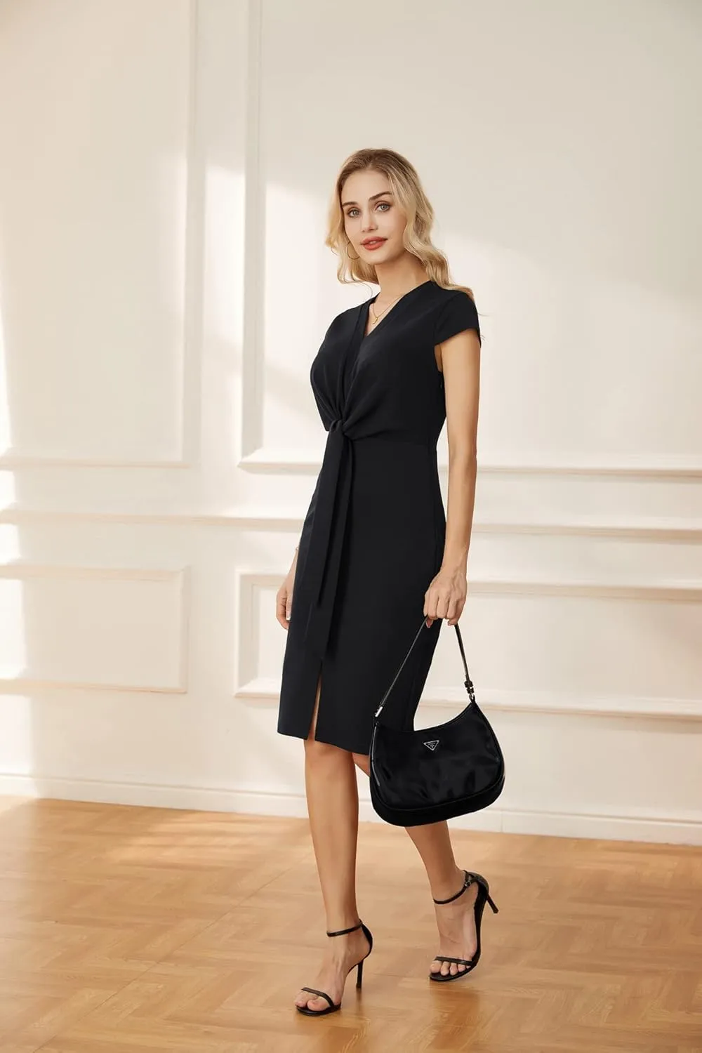 GRACE KARIN Women's Summer Midi Dresses Cap Sleeve Tie Waist Work Dress Slit V-Neck Bodycon Dress Business Casual Outfits