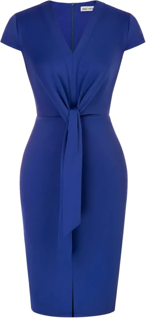 GRACE KARIN Women's Summer Midi Dresses Cap Sleeve Tie Waist Work Dress Slit V-Neck Bodycon Dress Business Casual Outfits