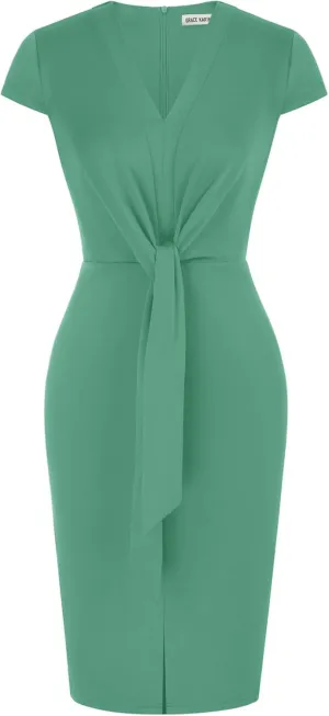 GRACE KARIN Women's Summer Midi Dresses Cap Sleeve Tie Waist Work Dress Slit V-Neck Bodycon Dress Business Casual Outfits
